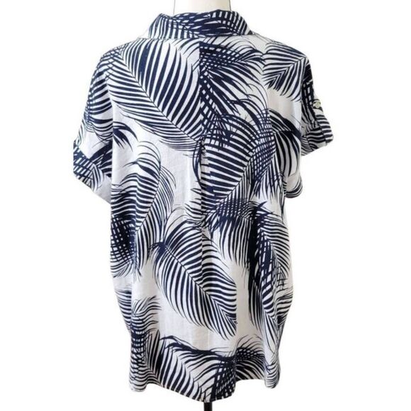 Liz Claiborne Sz L Linen Rayon Short Sleeve Palms Blouse - Picture 3 of 5